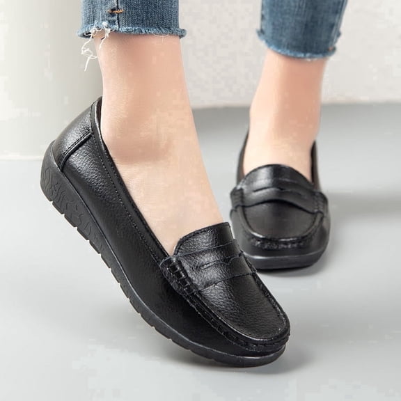 CushHide Womens Ballet Flats Classic Black Loafers Slip On Comfortable Casual Leather Dress Shoes Microfiber Work Footwear for Everyday Wear