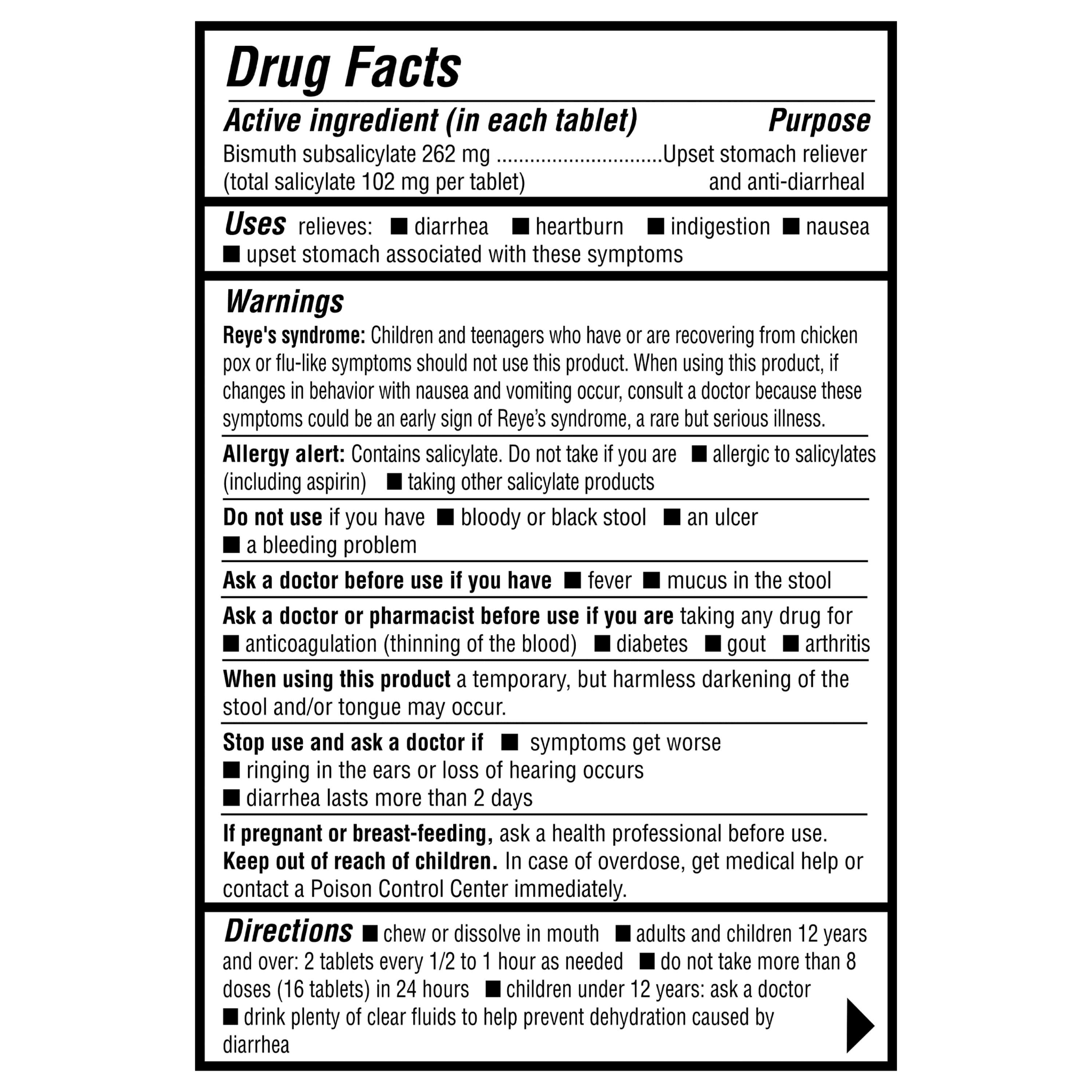 Equate Stomach Relief Chewable Tablets, 262 mg, 30 Count, Compare to Pepto-BismolÂ® Active Ingredient