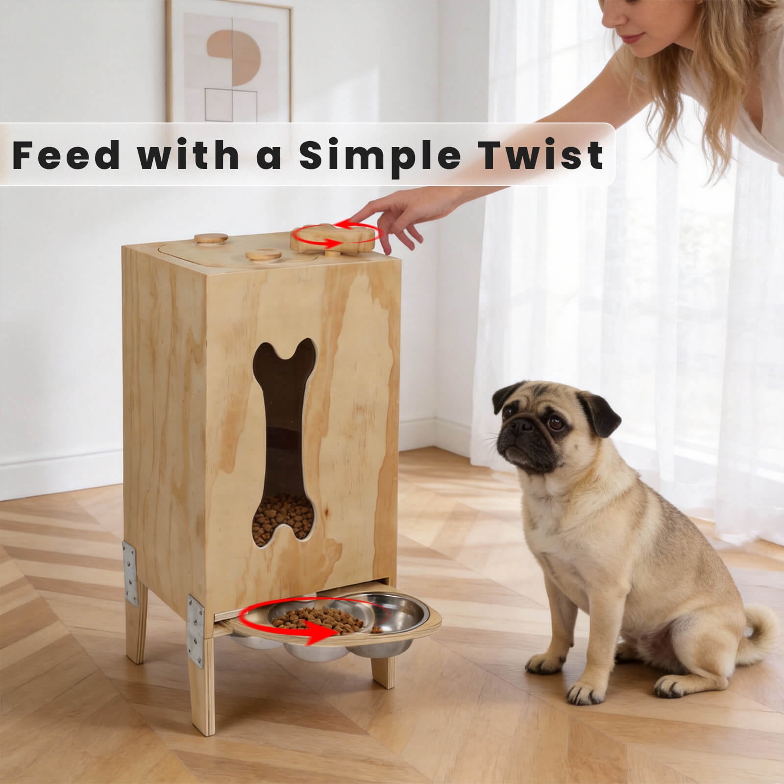 Automatic Dog Food Dispenser with 2 Bowls - 25 lb Capacity Gravity Pet Feeder, Elevated Dog Feeding Station Furniture with Airtight Kibble Dispenser for Small Medium Large Dogs
