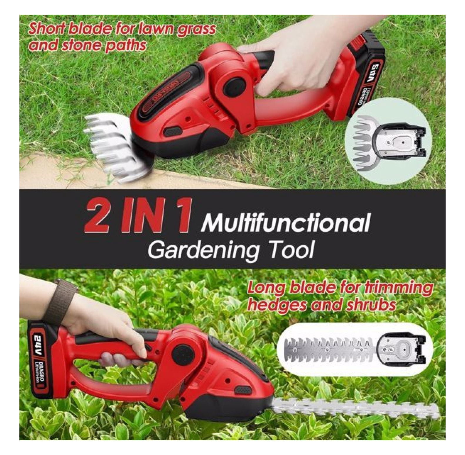 24V Cordless Handheld Grass Shear Hedge Trimmer with 90° Cutting Angle 2Pcs Replaceable Blades Electric Shrub Trimmer Hedge Cutter with Detachable Battery for Garden Lawn