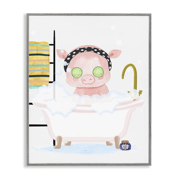 Stupell Industries Cottage Children's Pink Pig Bubble Bath Cute Bathroom Gray Framed Giclee Art, 11 x 14, by Erica Billups