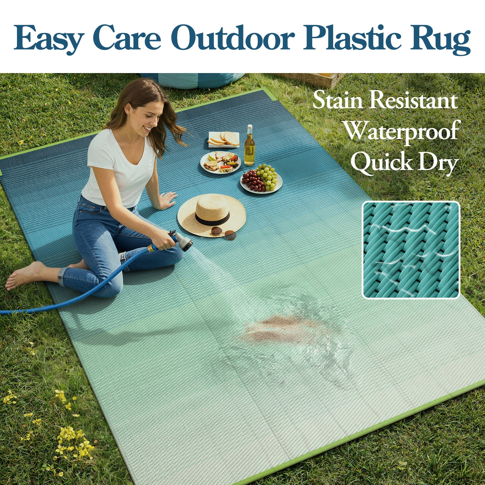 SUNDEREY Outdoor Rug 9'x12', Waterproof Reversible Plastic Straw Mat for Patio, RV & Camping - Lightweight Carpet for Deck, Balcony & Backyard, Teal