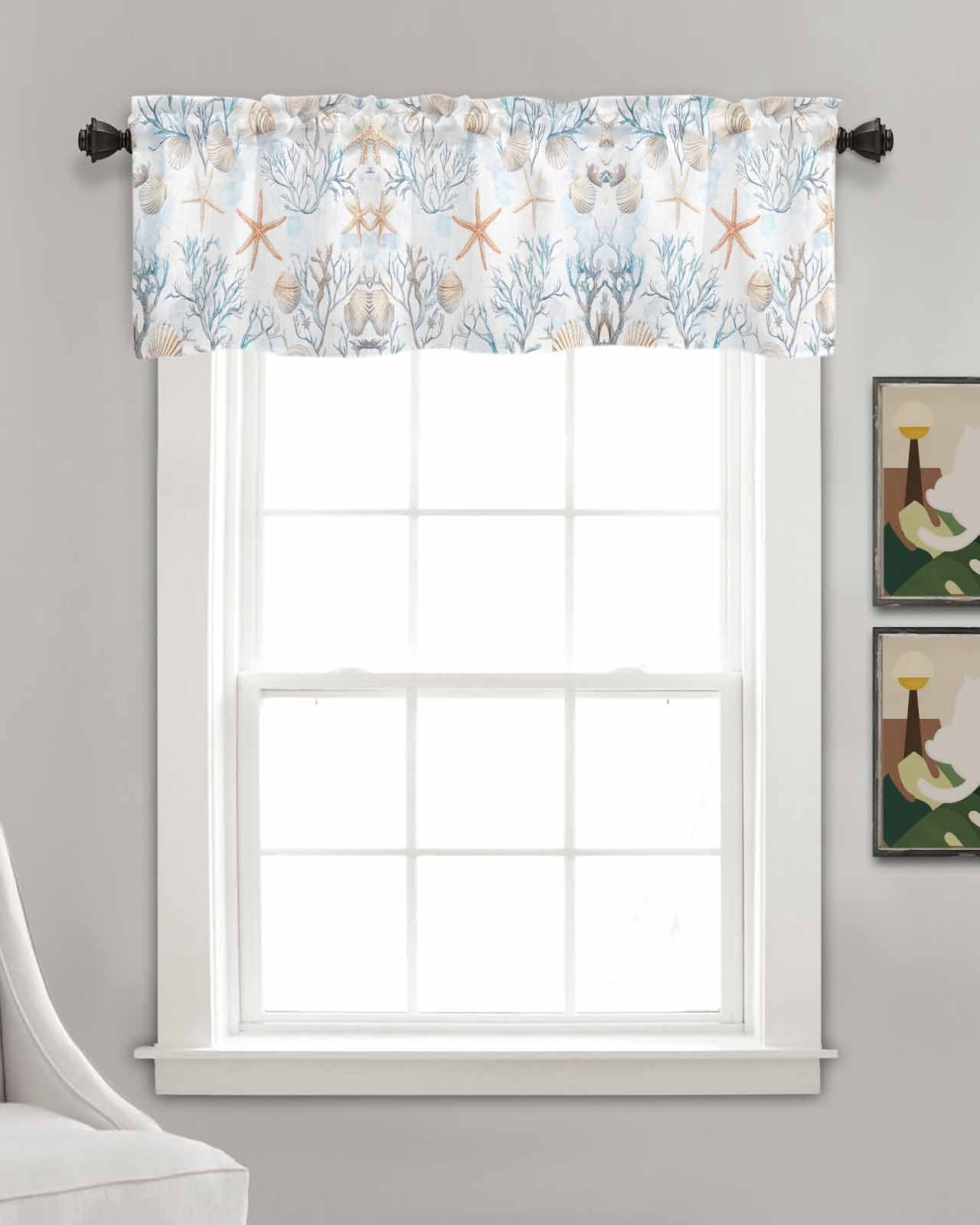 Beach Coastal Kitchen Valances for Windows Farmhouse Linen Window Valance Curtain for Living Room Window Treatment Nautical Summer Starfish Coral Sea Valance Rod Pocket Topper Drape, 42 x 18 Inch