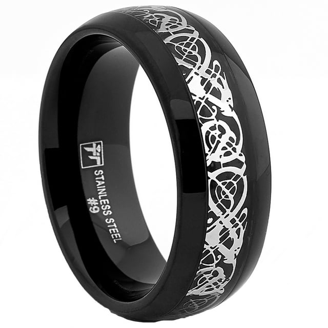 Bague Anneau pour Homme en Acier Inoxydable Noir avec Motif Incrusté de Dragon Celtique, Ajustement Confortable 8 mm,