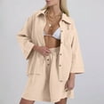 thumbnail image 2 of Women's 2 Piece Outfits Cotton Linen Casual Set Single Row Button Loose Sleeve Lapel Top Pocket Drawstring Shorts Set (L, Beige), 2 of 5