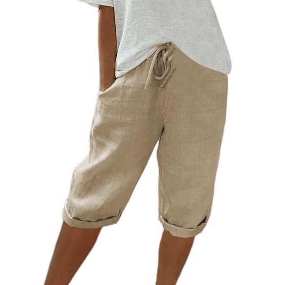Dwellite Plus Size Bermuda Shorts for Women Knee Length Cotton Linen Elastic Waist Drawstring Shorts Summer Loose Capri Pant Khaki 2XL