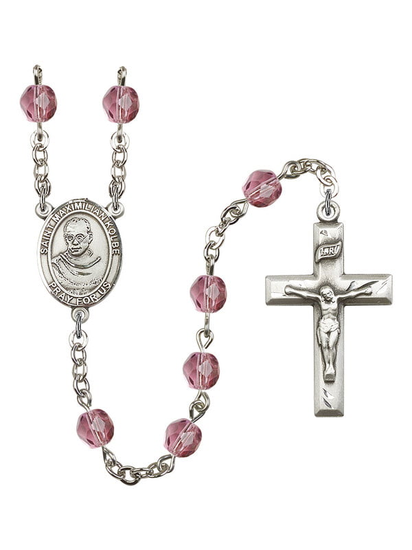 Bonyak Jewelry 18 Inch Rhodium Plated Necklace w/ 4mm Light Rose Pink October Birth Month Stone Beads and Saint Maximilian Kolbe Charm 