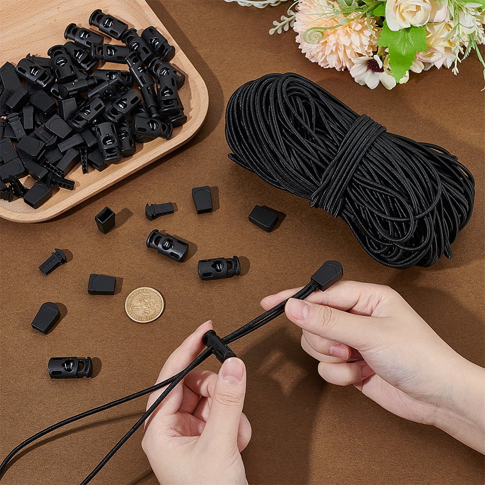 50M Polyester Round Elastic Cords with 30Pcs Plastic Cord Locks and 30Pcs Plastic Zipper Pull Cord Ends for Cord Tether Tip Cord Lock Black