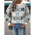 thumbnail image 6 of Women Snowflake Pattern Sweater Contrast Trim Crew Neck Long Sleeve Knit Tops Casual Loose Fit Pullover Sweaters Blue L, 6 of 10
