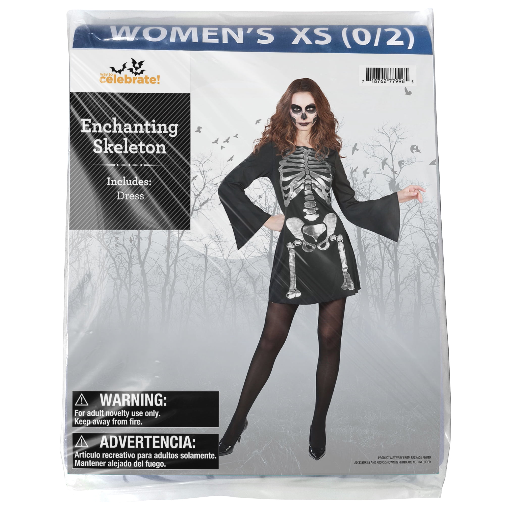 Enchanting Skeleton Halloween Costume for Adults, Women's Size XS (0/2), by Way to Celebrate