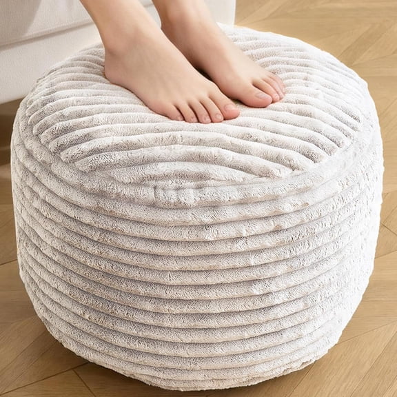 Round Ottoman,Corduroy Pouf Ottoman Foot Rest,Beige,18x14 IN | Storage Ottoman Footstool for Living Room,18x14 Soft Floor Poufs,Memory Foam Filling,Footrest only