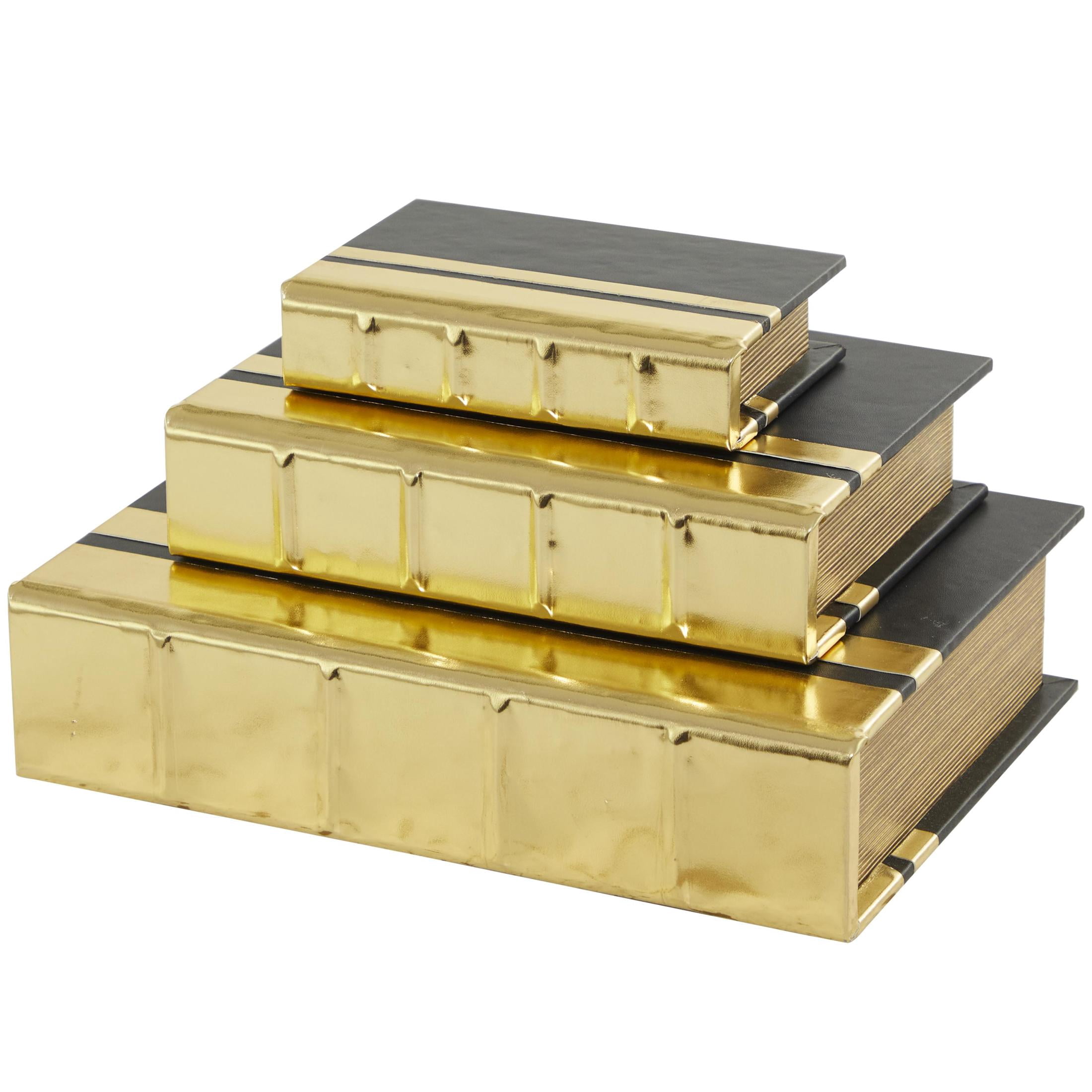 CosmoLiving by Cosmopolitan Metallic Faux Book Storage Gold Faux Leather Decorative Box, 3 Count