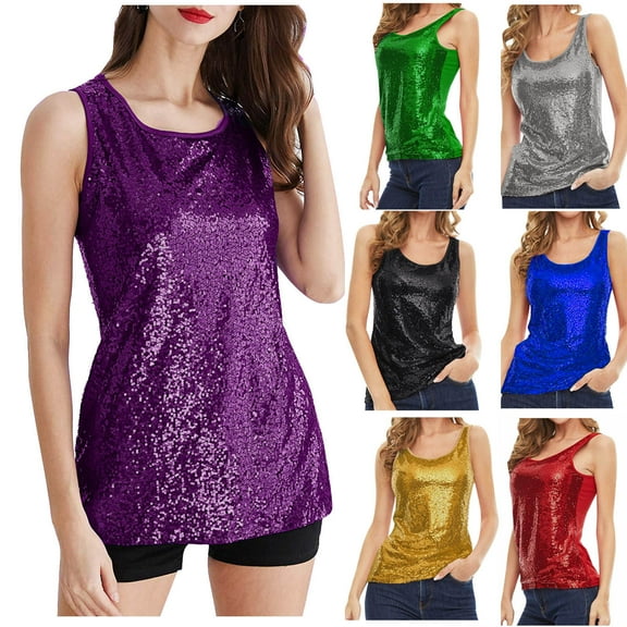 Felirenzacia Women's Casual Shiny Sequin Tank Top, Slim Fitted Casual Wide Strap Round Neck Sleeveless Tube Tank, Purple,S (4)