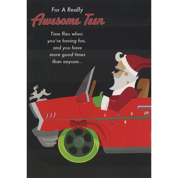 Designer Greetings Time Flies When You're Having Fun: Santa Driving Red Convertible Tri Fold Christmas Card for Teen / Teenager