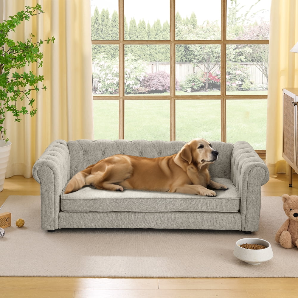 Elevated Dog Sofa Bed, Durable Comfortable Modern Fashionable Linen Fabric Pet Bed for Big & Oversized Dogs, Beige
