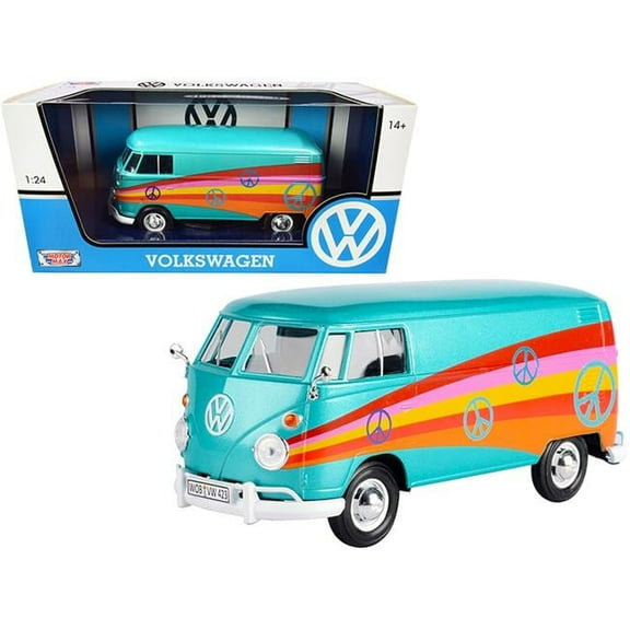 Motormax 79583 1-24 Scale Volkswagen Type 2 Delivery Van Peace Diecast Model Car, Turquoise Metallic