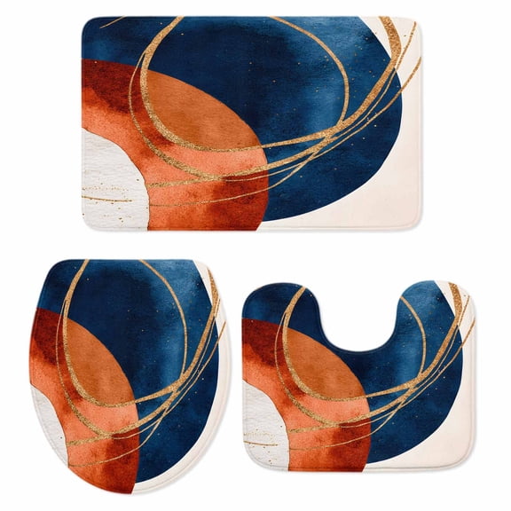 Navy Blue Burnt Orange Bath Mat 3 Piece Bathroom Rug Set, Boho Art Modern Geometric Non Slip Bath Rug Contour Mat and Toilet Lid Cover, Absorbent Shower Mats Soft Bath Rugs and Mats Sets