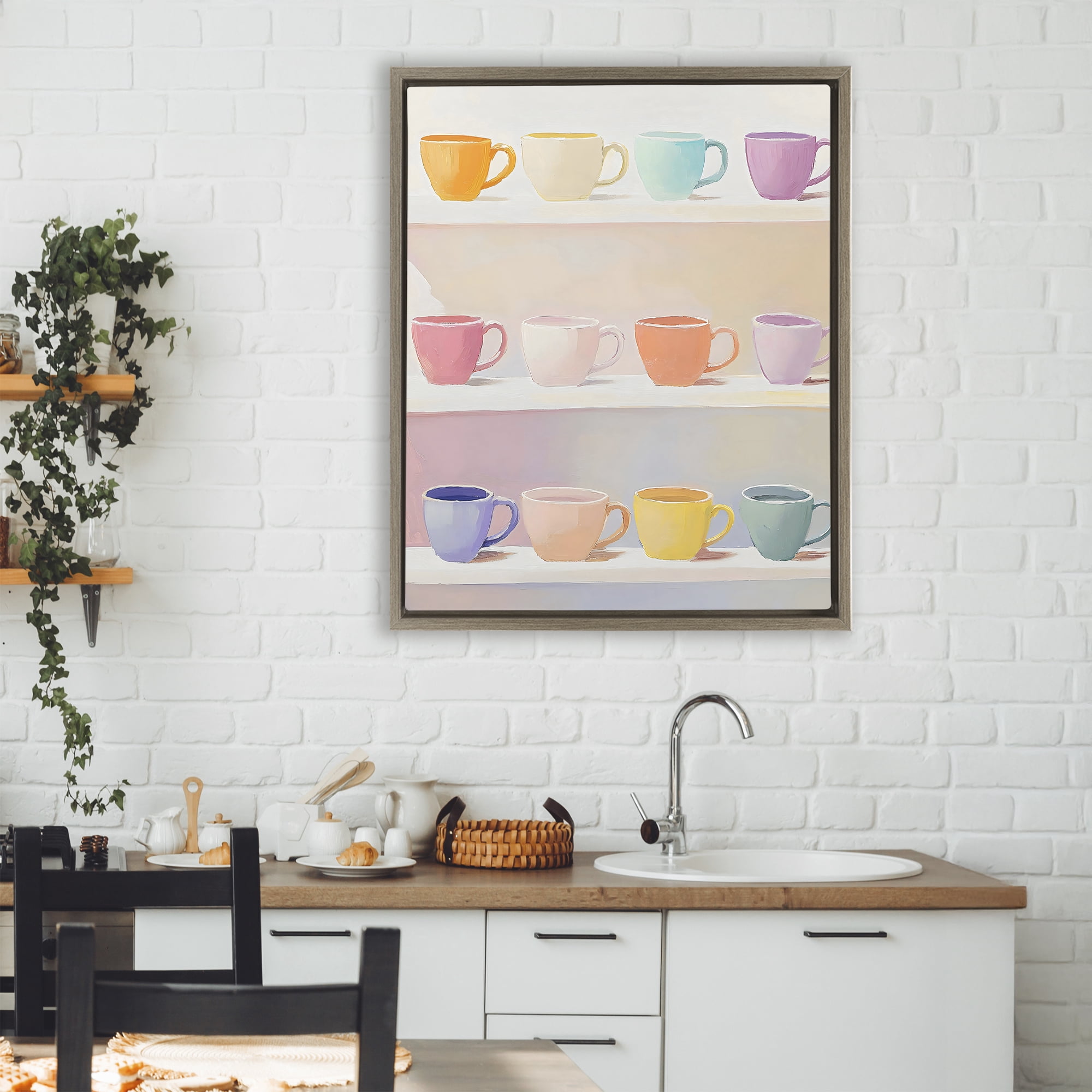 Stupell Industries Rows of Pastel Teacups Brown Framed Floater Canvas Wall Art, design by The Prints Vibe