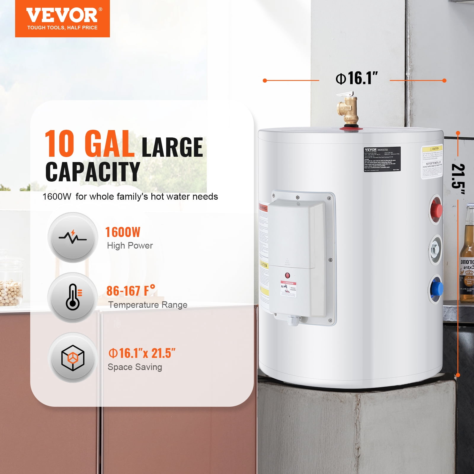VEVOR Electric Water Heater, 10 Gallon Tank Instant Hot Water Heater, 1.6Kw Tankless Water Heater w/ LED Display,Knob Control, IPX4 Waterproof Side Connection On Demand Heaters for Shower, Bath