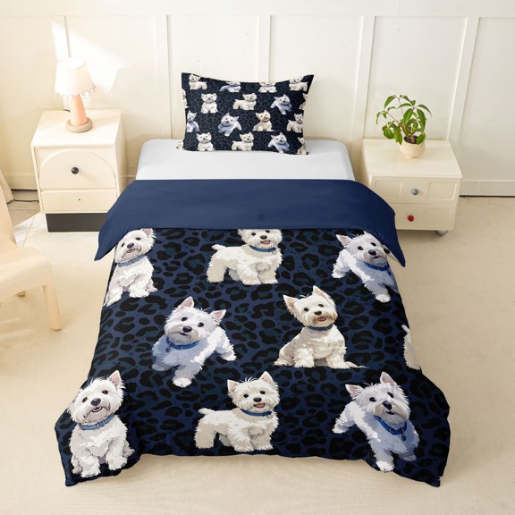 Homewish Cute Dog Twin Duvet Cover,Navy Black Leopard Print Twin Bedding,Navy Blue Reversible,2pcs,1 Duvet Cover and 1 Pillowcase
