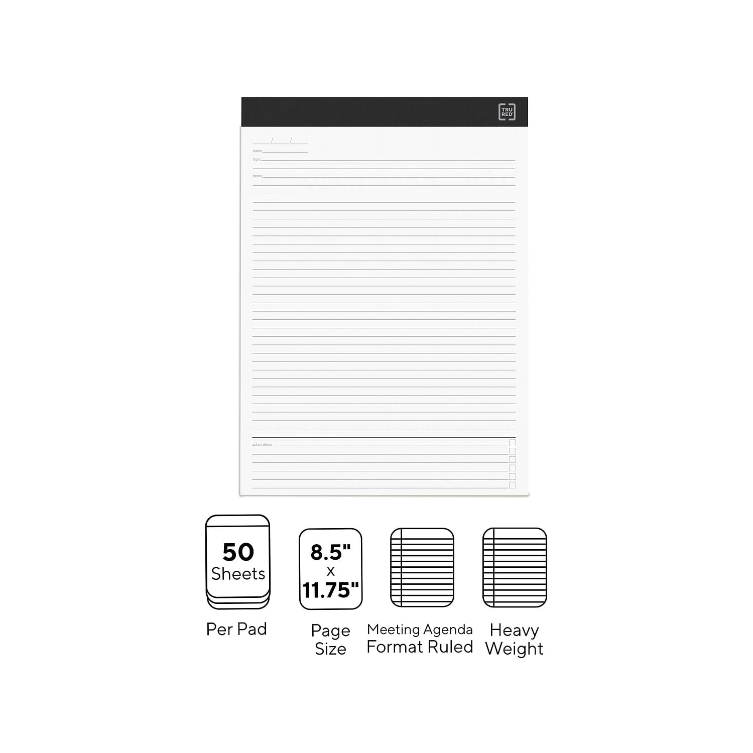 Staples TRU RED Notepads 8.5" x 11.75" Meeting Agenda Format Ruled White 50 Sheets/Pad 12/Carton