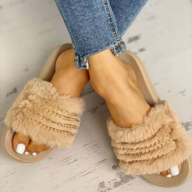 LSLJS Chaussons d'Été pour Femmes à Chaîne en Fourrure Décontractés Multi-Chaînes, Chaussons pour Femmes