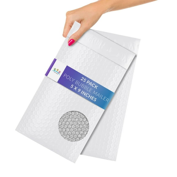 White Poly Bubble Mailers, 5 x 9 Inches. Pack of 25 Padded Envelopes Self Seal. Cushioning Plastic Bubble Envelopes. Self-Adhesive Padded Shipping Bags for Small Business