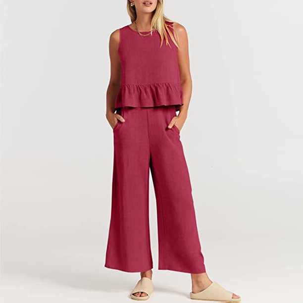 Conjunto de pantalones largos para mujer Conjunto de pantalones de 2 piezas de algodón con cuello redondo Conjunto de diario plisado
