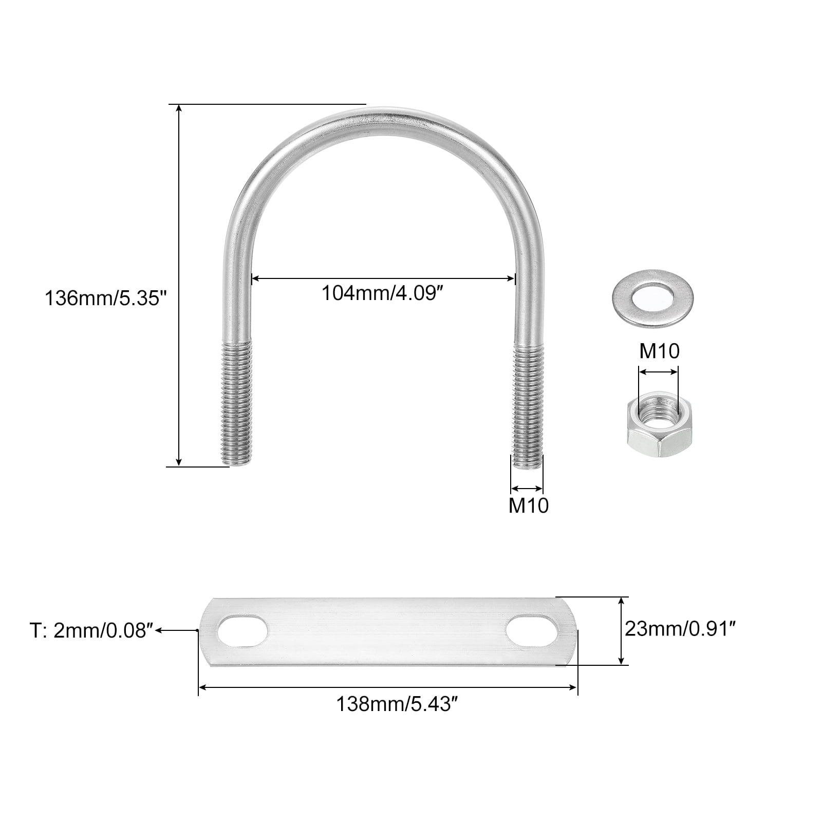 Round U-Bolts, 8 Sets 102mm(4.02") Inner Width 136mm Length M10 304 Stainless Steel U Clamp Bolt with Nuts and Plates