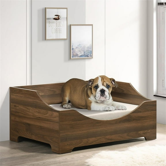 Pefilos 36" Wooden Pet Bed, Small to Medium Elevated Pet Bed, Modern Comfy Pet Bed with Cushion, Brown