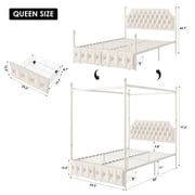 Homfa Queen Size Canopy Bed Frame, 2 Storage Drawers Metal Platform Bed with Button Tufted Upholstered Headboard, Canopy Bed Curtain Not Included, Beige