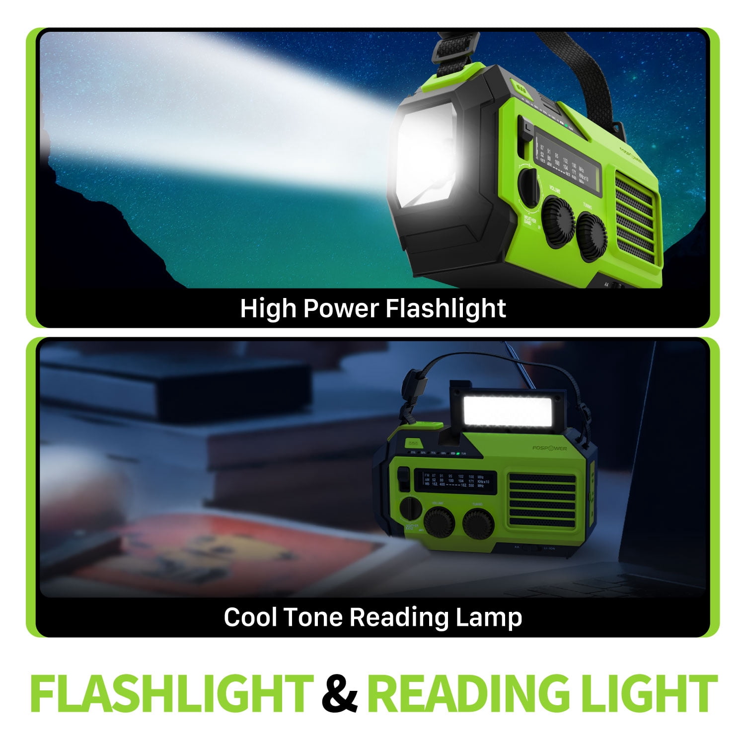 FosPower 5200mAh Emergency Radio (Model A6) NOAA Weather Alert Radio & Power Bank with IPX3 Rating, Solar Charging, Hand Crank, SOS, AM/FM/WB & LED Flashlight for Emergency Kit, Power Outages - Green