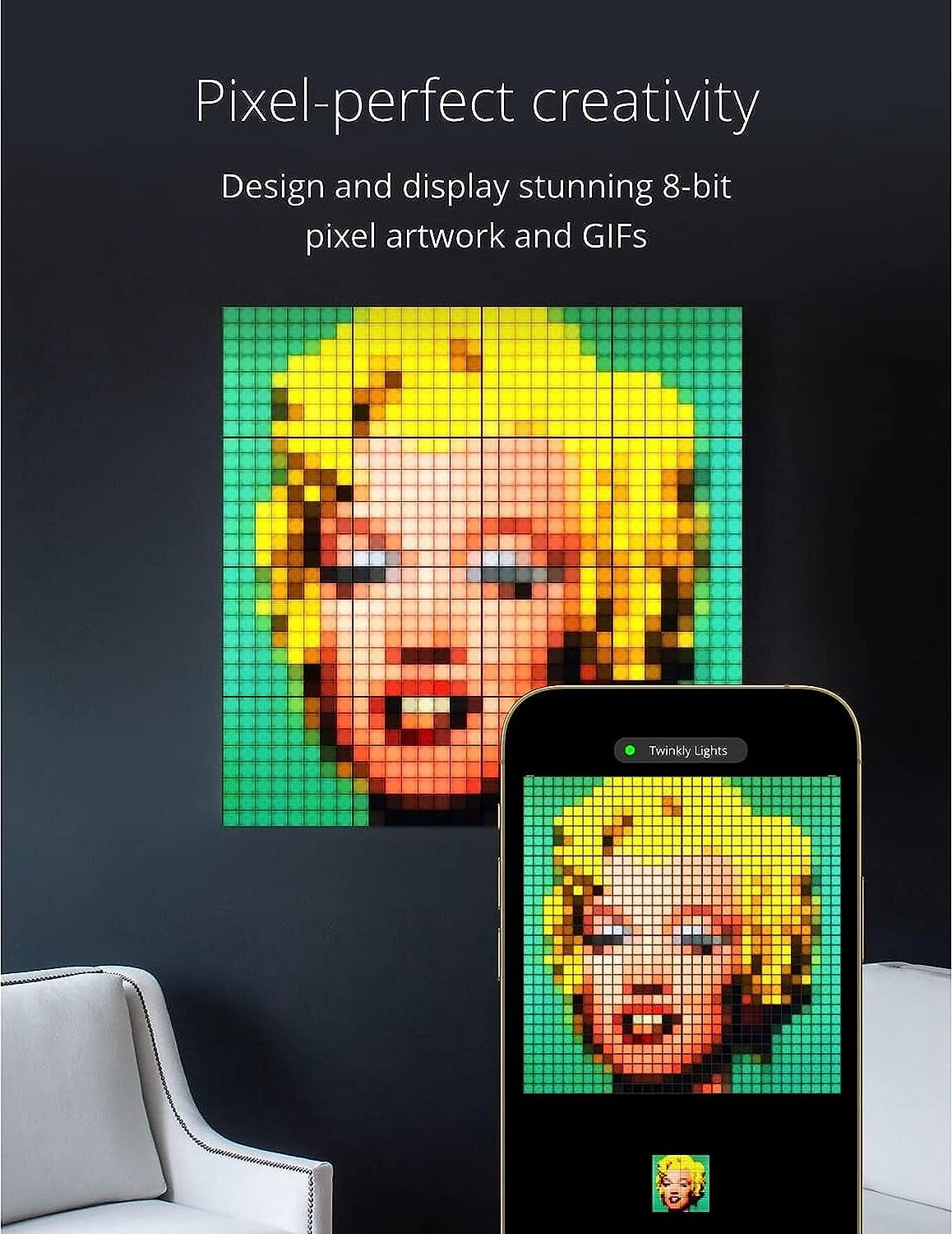 Twinkly Squares Smart LED Panel Light Kit, 64 RGB Pixels, 16 Million Colors, Black, USB-C, Expandable Indoor Lighting