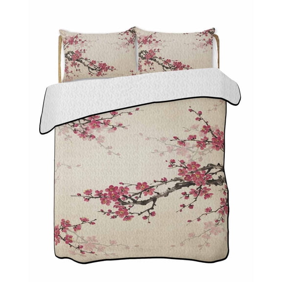 Quilts Twin Size Bedding Set, Spring Cherry Lightweight Quilted Comforter, Vintage Red Flowers Branches Ink Painting Beige Soft Bedspread Coverlet with Pillow Covers for All Season, 68" x 86"