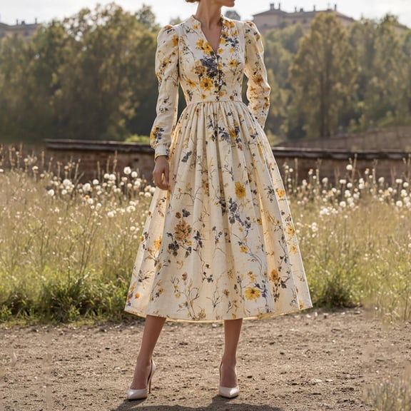 Sokhug Dresses for Women Midi Dresses V Neck Puff Long Sleeve Print A-Line Vintage Dresses