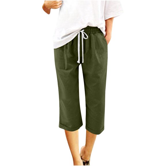 yunLCZ Women's Straight Leg Pants High Wa Womens Daily Elastic Waist Pockets Straight Solid Color Casual Pants Loose 3/4 Trousers