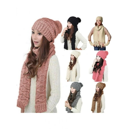 Columbia Cotton Hat - Moderna Fashion Women Winter Warm Cotton Neck Warm Wrap Scarf Shawl Beanie Hat Set Gift