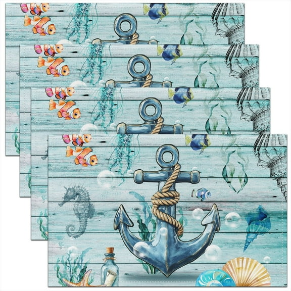 Erosebridal Vintage Anchor Placemats Set of 4, Nautical Theme Table Mats for Dining Table Set of 4, Starfish Decor