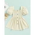 thumbnail image 2 of Liacowi Little Girls Puff Short Sleeve Dress Fashion Solid Color Square Collar Button A-line Dress, 2 of 8