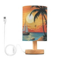 Sea Palm Trees in Sunset Bedside Table Lamp LED Warm Lights with USB Charging Port Retro Cylinder Desk Lamps for Bedroom Living Room Office Coffee Bar Decoration