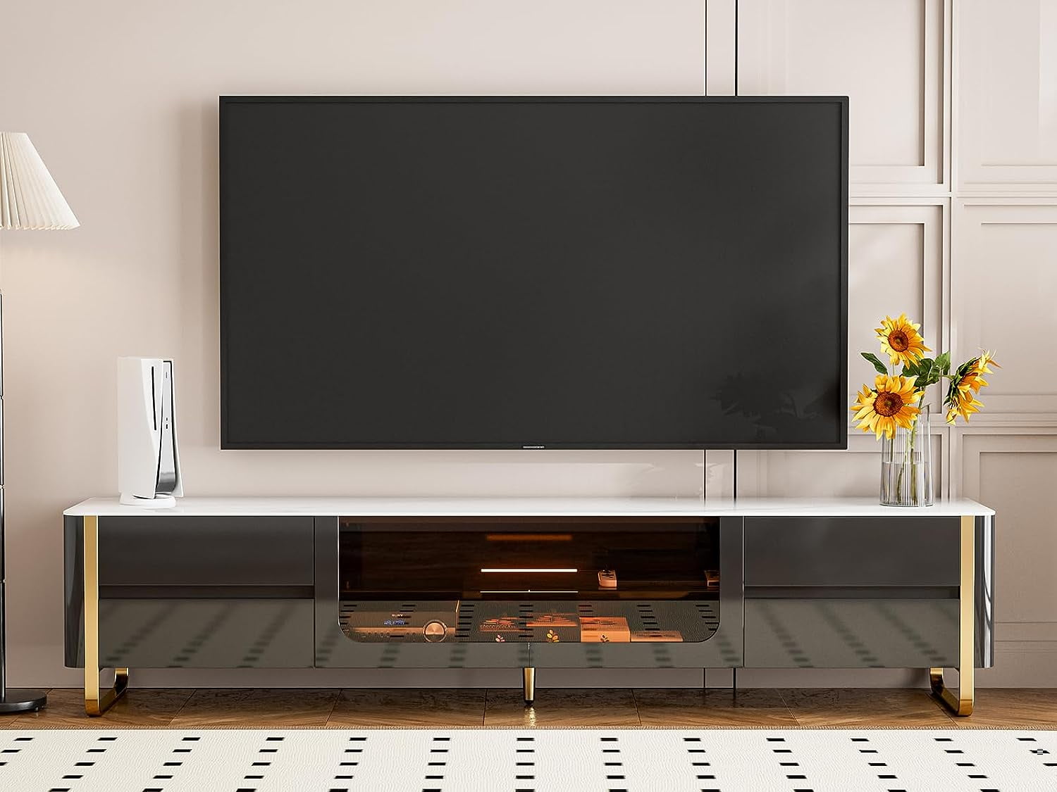 IKIFLY Black LED TV Stand for 85+ inch TV, Modern Slate Entertainment