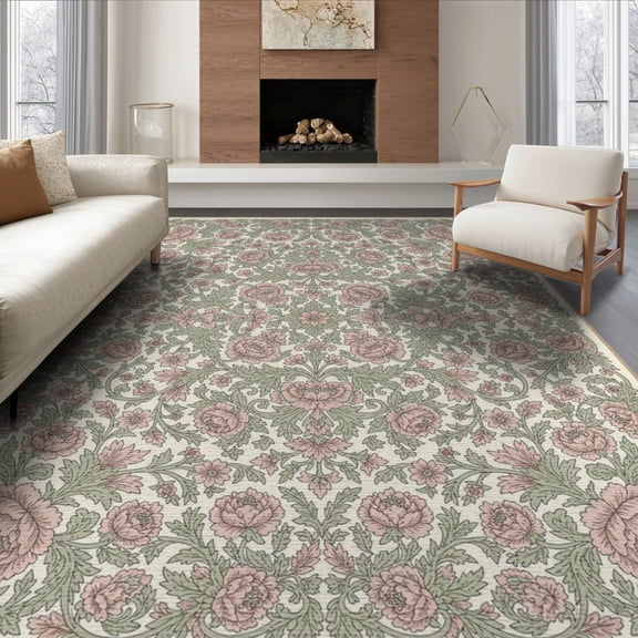 ODIKA 8'x10' Washable Area Rug Durable, Non-Slip Long Vintage Scroll Border Sage Bathroom Runway Bedside Pink Flowing Dynamic for Living Room, Under Sectional, Family