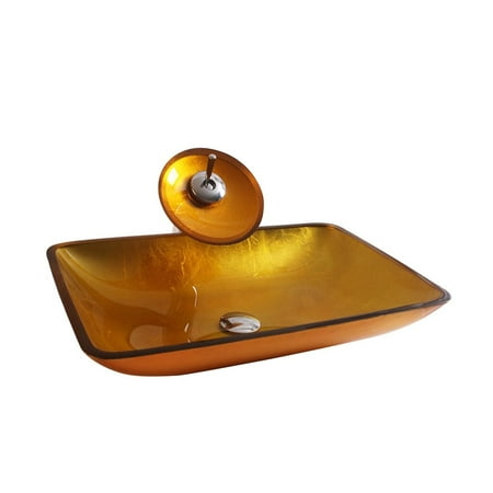 Rectangular Amber Ring - Arsumo Amber Rectangular Glass Vessel Bathroom Sink Set - Faucet, Pop-Up Drain and Mounting Ring