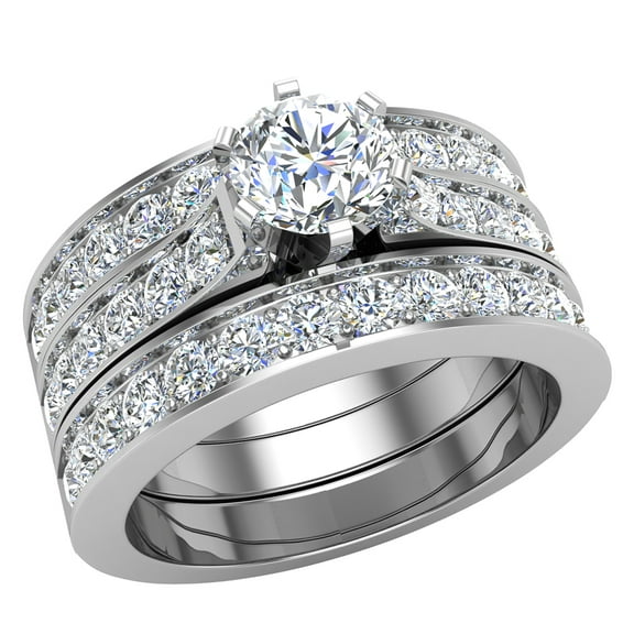 Diamond Wedding Ring Set for Women Round Brilliant Center Diamond Engagement Ring With Enhancer Wedding Bands 14K White Gold 1.85 Carat (G,I1)