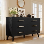 Aiho Modern 6-Drawer Dresser, Wooden Chest with Cut-Out Handles, Wide Double Black Drawers for Bedroom, Living Room, Entryway