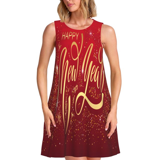 Fotbe Happy New Year Vestido de Verano sin Mangas para Mujer – Vestido Midi Línea A, Estilo Camiseta Floral, Vestido Playero Casual y Fluido