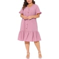 thumbnail image 1 of Vestido de mujer de talla grande Agnes Orinda con dobladillo de volantes, botones, escote en V, mangas cortas, vestido midi de playa con cinturón 2X rosa, 1 of 8