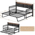 thumbnail image 3 of iSunirm Twin Daybed with Upholstered Headboard and Power Outlets, Day Bed with Trundle, Sturdy Metal Pop-up Trundle Bed for Living Room, Guest Room, 74.8" Length, Rustic Brown, 3 of 7