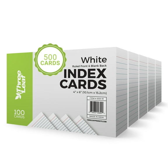 THREE LEAF 4 X 6, INDEX CARDS RULED, 500 CT. (100 x 5) WHITE, Ruled Flash Cards, Study Card, Memo Pad, For To-Do List, Art And Craft Projects