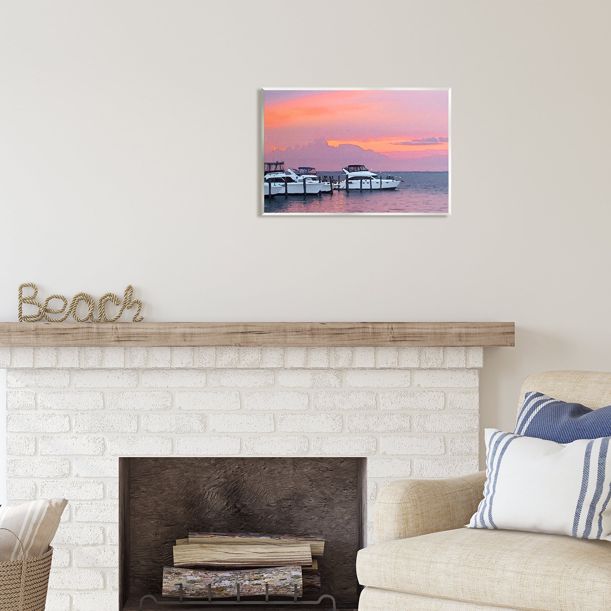 Stupell Industries Boat Harbor Pink Sunset Landscape Coastal Photography Unframed Art Print Wall Art